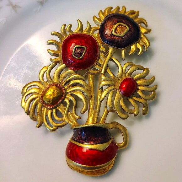 Vintage YSL YVES SAINT LAURENT for AVON SUNFLOWERS Van Gogh Enamel BROOCH PIN - Picture 1 of 7